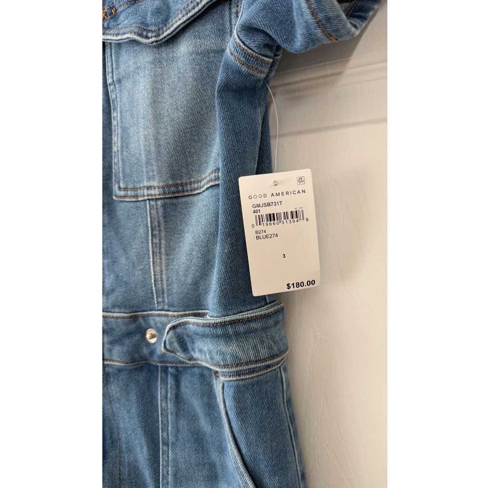 Good American Fit For Success Denim Jumpsuit Blue Short Sleeve Flare Size 3 NWT - Picture 3 of 11